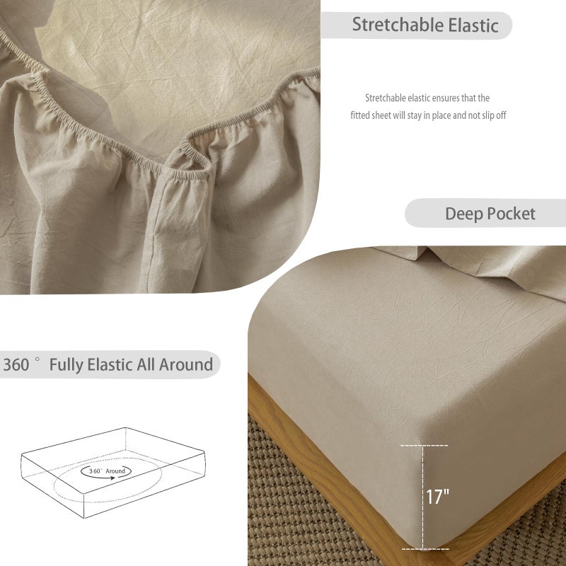 MooMee Fitted Bottom Sheet Only 100% Washed Cotton Linen Like Textured Breathable Durable Soft Comfy Deep Pocket Fits Mattress up to 17" (Mocha Brown, Queen) - Image 4