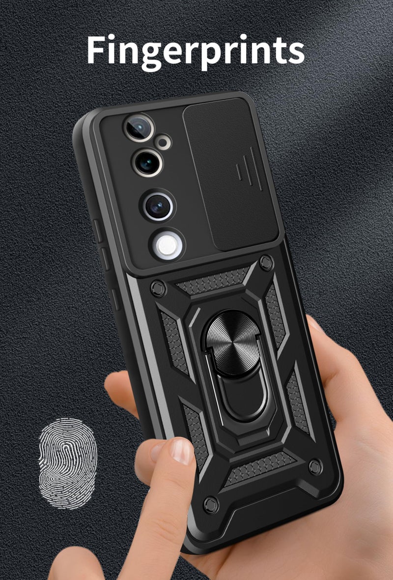 SPAZY CASE® Vivo V40 / V40 Pro 5G / T3 Ultra 5G Back Cover | Heavy Duty Hybrid Case with 360 Degree Rotating Finger Ring Holder + Slider Shutter Camera Protection Case - Black - Image 2