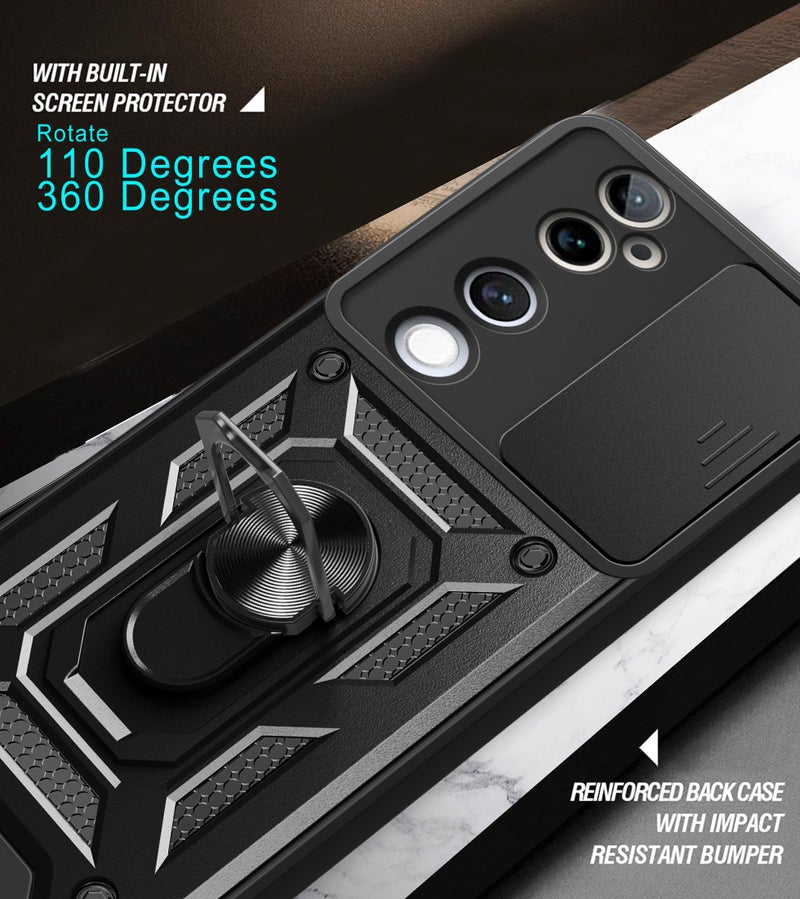 SPAZY CASE® Vivo V40 / V40 Pro 5G / T3 Ultra 5G Back Cover | Heavy Duty Hybrid Case with 360 Degree Rotating Finger Ring Holder + Slider Shutter Camera Protection Case - Black - Image 4