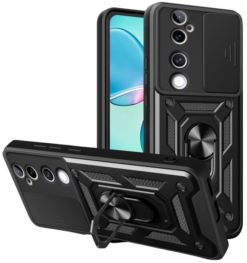 SPAZY CASE® Vivo V40 / V40 Pro 5G / T3 Ultra 5G Back Cover | Heavy Duty Hybrid Case with 360 Degree Rotating Finger Ring Holder + Slider Shutter Camera Protection Case - Black - Image 1