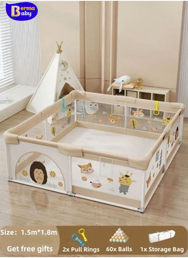 Berma Baby Foldable Baby Playpen 150*180CM, Playard for Babies and Toddlers, Portable Safety Baby Fence Lightweight,No Installation, Indoor & Outdoor Baby Playpen with Ocean Balls*60, White  - Image 1