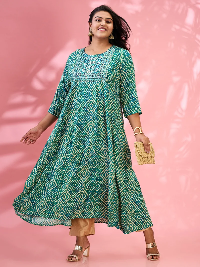 جلو باص جلوبس جلوبلس سنيكرز نسائي أخضر مطرز بياقة هندسية مقاس كبير A-Line Kurta