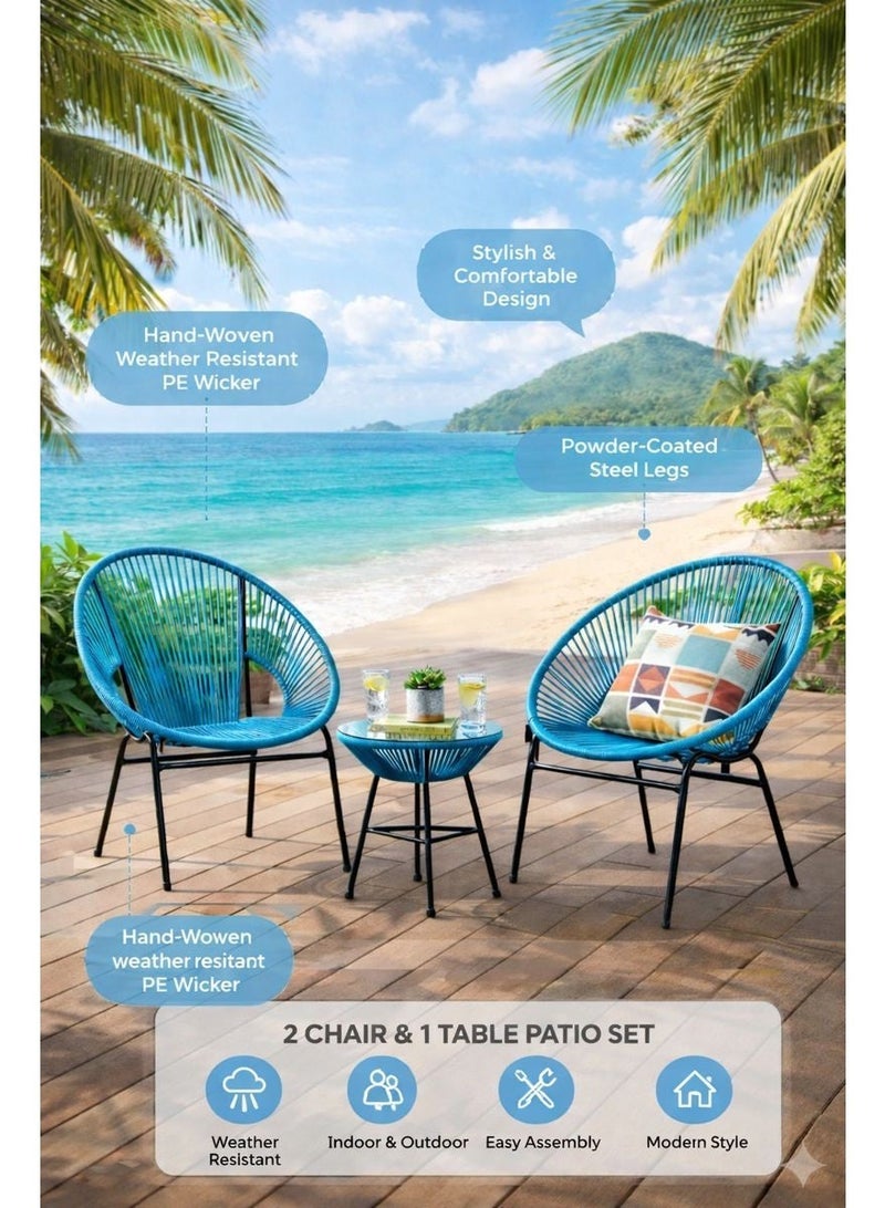 Harmony Home 3-Piece Outdoor Seating Set in Blue – 2 Acapulco Steel Chairs & Glass Top Table, Garden, Balcony & Poolside Furniture - Image 3