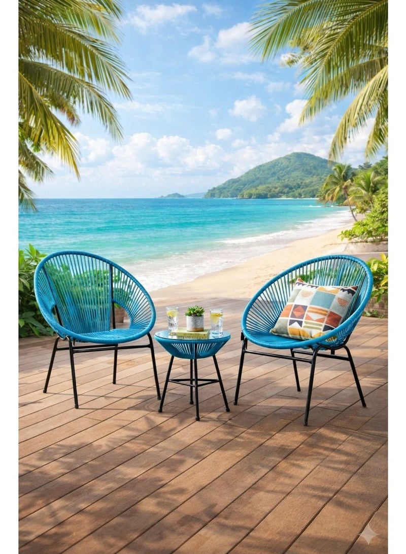 Harmony Home 3-Piece Outdoor Seating Set in Blue – 2 Acapulco Steel Chairs & Glass Top Table, Garden, Balcony & Poolside Furniture - Image 2