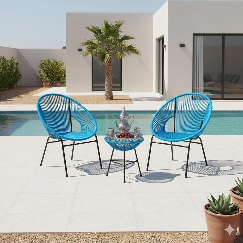 Harmony Home 3-Piece Outdoor Seating Set in Blue – 2 Acapulco Steel Chairs & Glass Top Table, Garden, Balcony & Poolside Furniture - Image 4