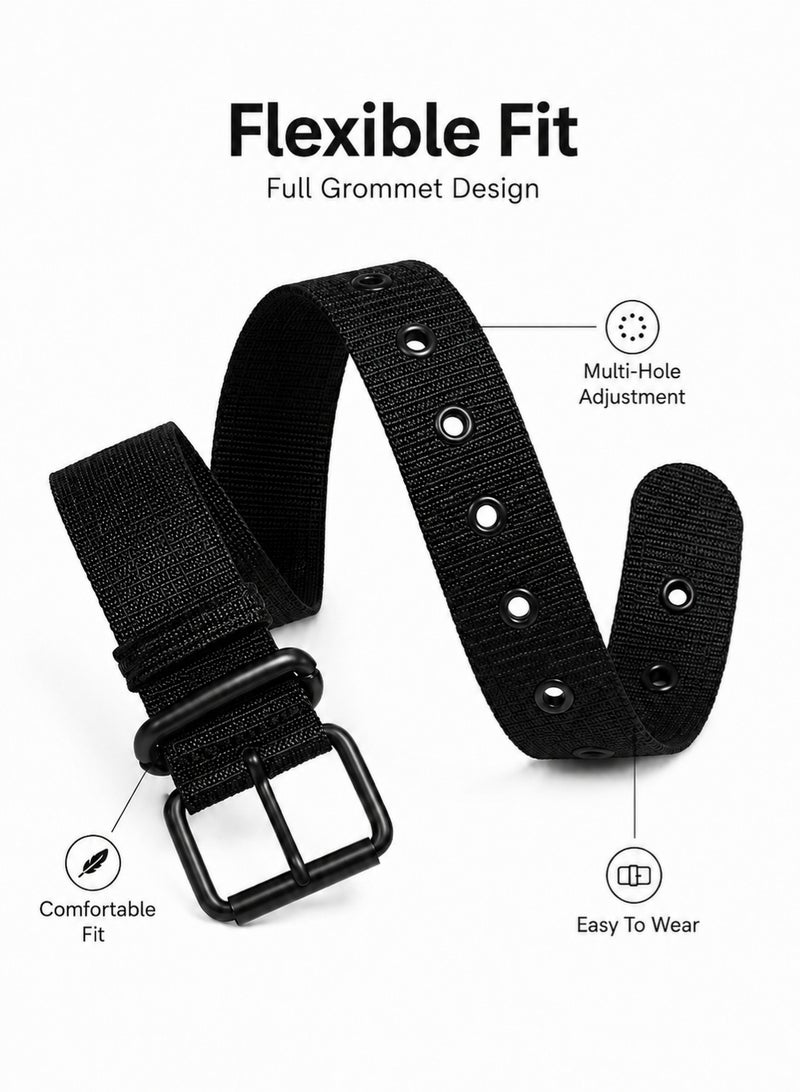 Zylo Men's Black Nylon Web Belt with Metal Pin Buckle, Adjustable Grommet Casual Waist Belt - Image 2