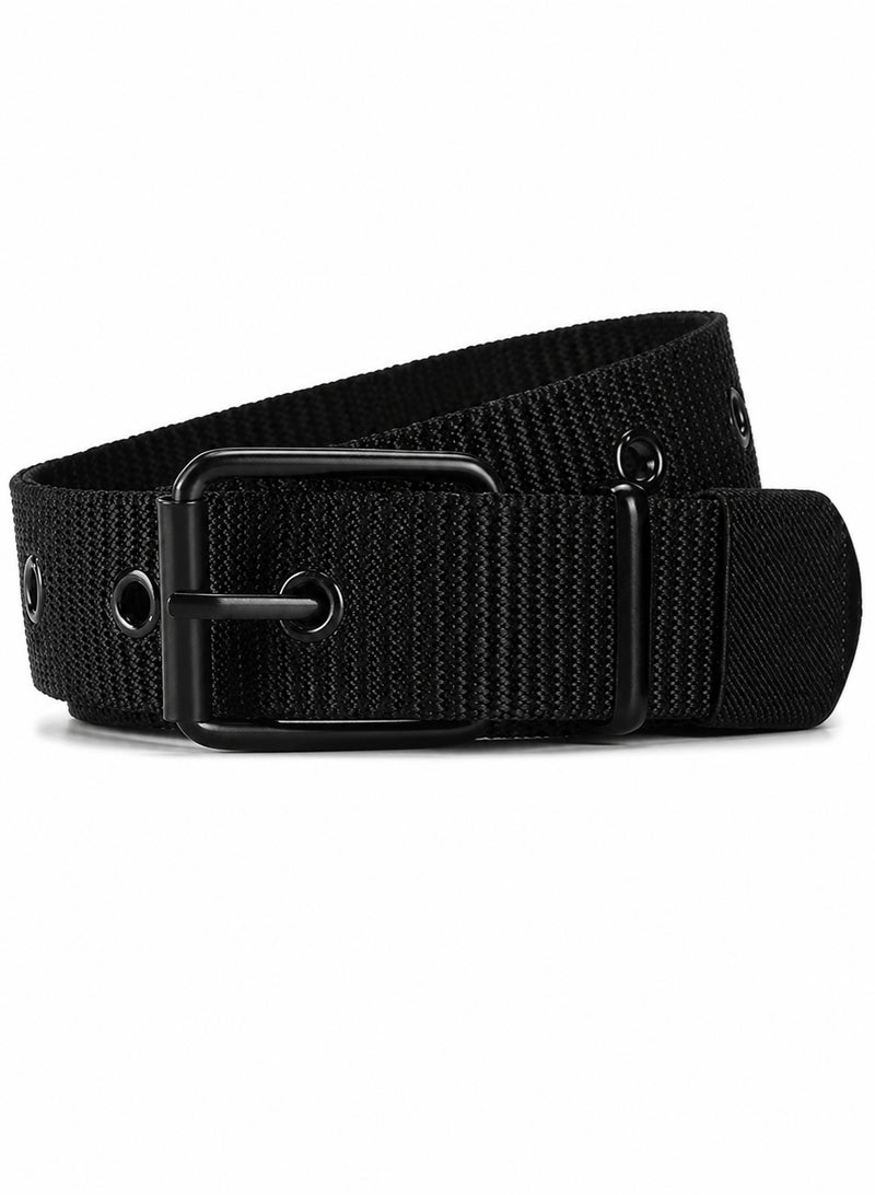 Zylo Men's Black Nylon Web Belt with Metal Pin Buckle, Adjustable Grommet Casual Waist Belt - Image 1