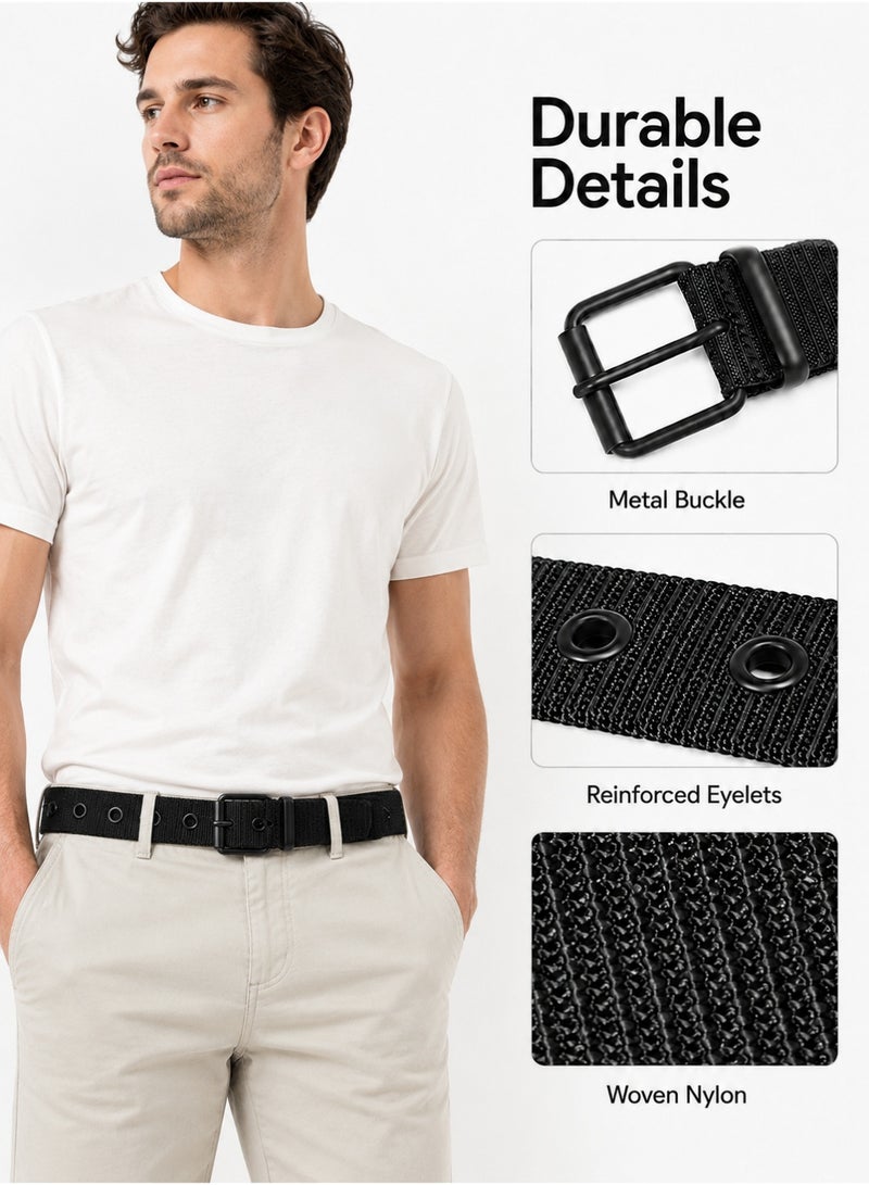 Zylo Men's Black Nylon Web Belt with Metal Pin Buckle, Adjustable Grommet Casual Waist Belt - Image 3