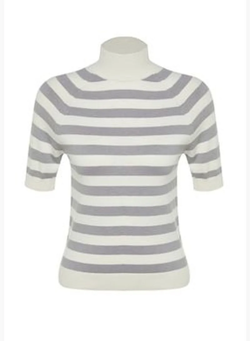 trendyol Ecru Premium/Special Yarn Soft Textured Striped Basic Knitwear Blouse TWOAW24BZ00003