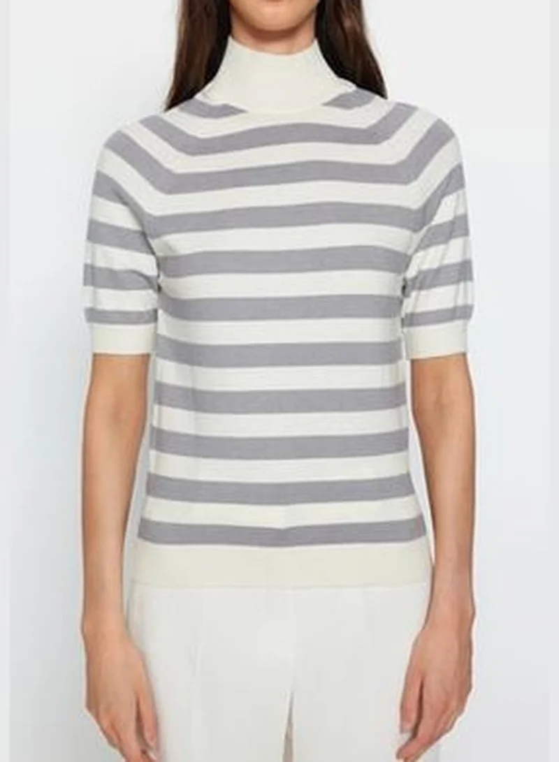 trendyol Ecru Premium/Special Yarn Soft Textured Striped Basic Knitwear Blouse TWOAW24BZ00003
