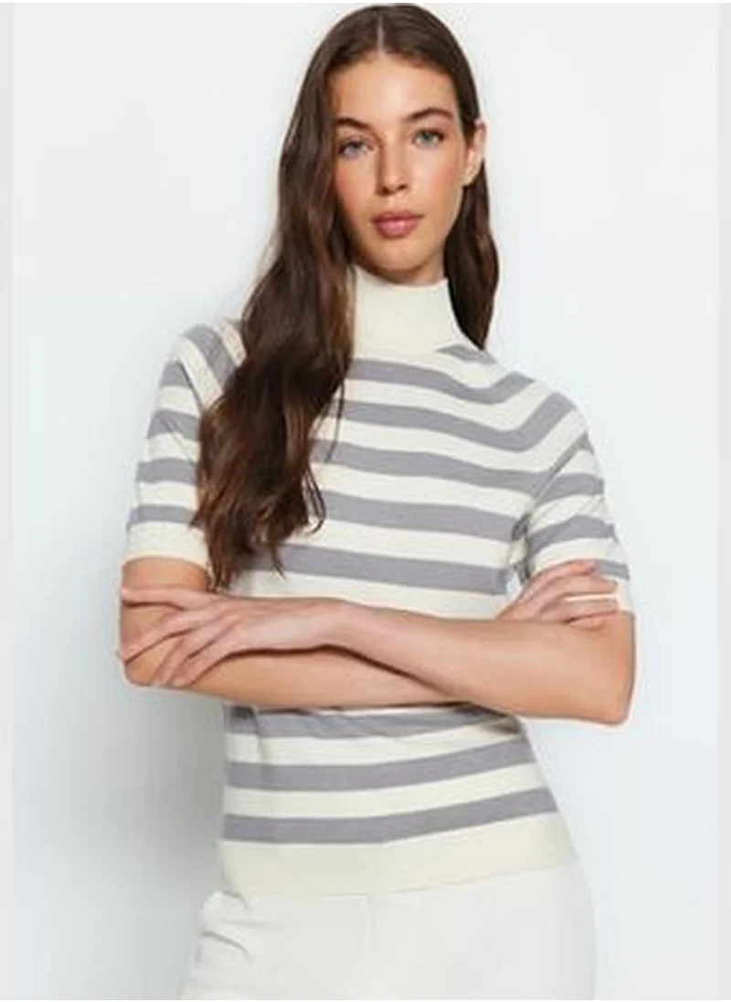 trendyol Ecru Premium/Special Yarn Soft Textured Striped Basic Knitwear Blouse TWOAW24BZ00003