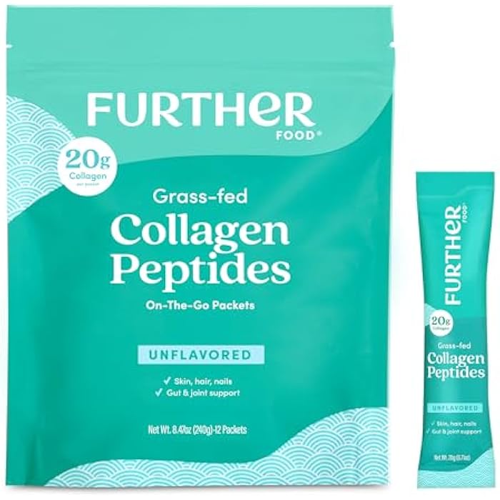 Further Food باكيتات مسحوق الكولاجين غير المنكه من فيرثر فود - 100% من حشائش العشب، نوع 1 و 3 المعالج بالماء، 20 جرام من الكولاجين لكل حصة، يدعم البشرة والشعر والأظافر والمفاصل، 8.47 أونصة - Image 1