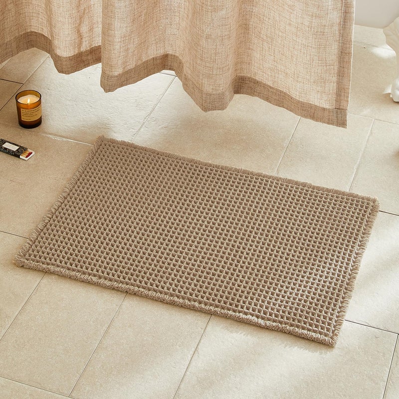 TYUU Waffle Bath Mat, Boho Bathroom Rugs Non Slip Washable Super Absorbent Quick Dry Farmhouse Bathroom Decor, 30"x20" Khaki - Image 1