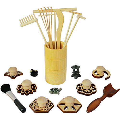 BangBangDa Zen Garden Rake Stamp Tools Meditation Rock Sand Garden Accessories Office Desktop Mini Zen Gifts for Man Women Bamboo Rakes Holder Brusher Spoon Figurines - Image 1