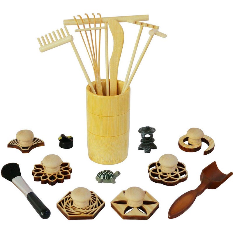 BangBangDa Zen Garden Rake Stamp Tools Meditation Rock Sand Garden Accessories Office Desktop Mini Zen Gifts for Man Women Bamboo Rakes Holder Brusher Spoon Figurines - Image 2