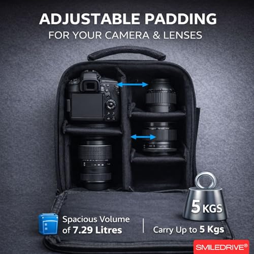 SMILEDRIVE® DSLR Camera Bag, Black, Water-Resistant Nylon, 27x10x27 cm, Padded Dividers, Compact Lightweight, Professional Photography Gear Storage Case for Travel, Daily Shoots - Image 3