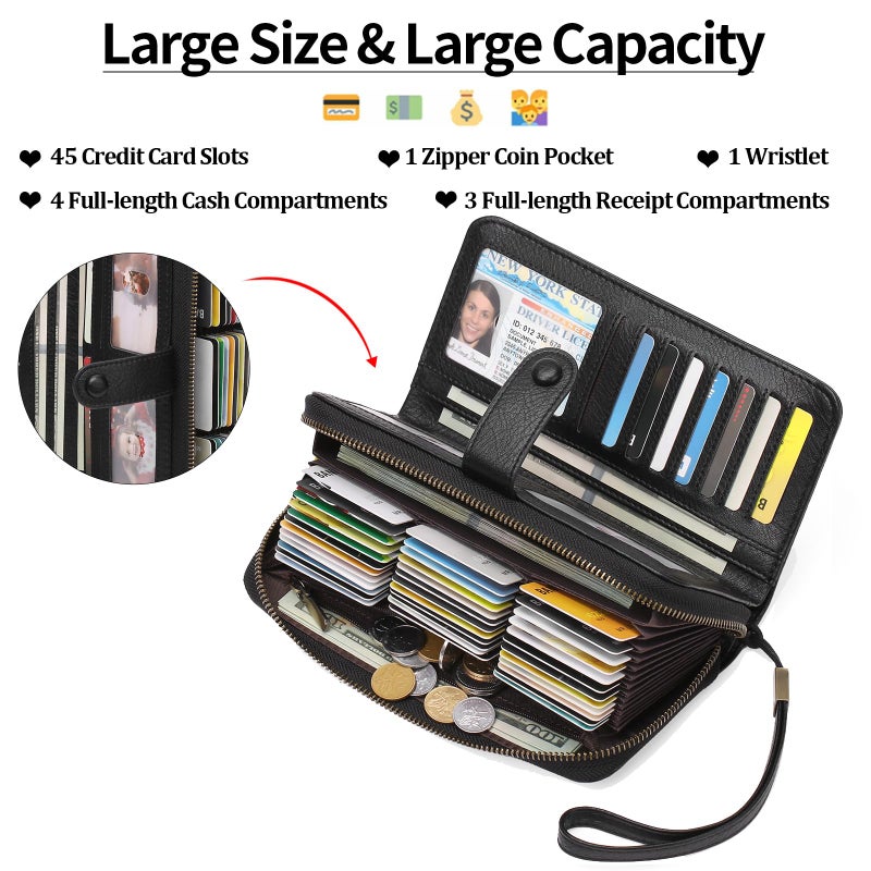 GAEKEAO Leather Credit Card Holder Wallet for Women RFID Blocking Large Capacity Bifold Zipper Card Case Organizer with Wristlet 45 Slots - Image 2