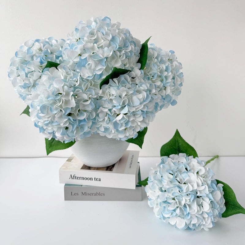 ZYTUYO 5 Pcs White & Light Blue Silk Hydrangeas Artificial Flower Boho Dried Touch 20'' Faux Hydrangeas for Indoor Home Decor Kitchen Living Room Outdoor Porch Wedding Flower Arrangement - Image 1