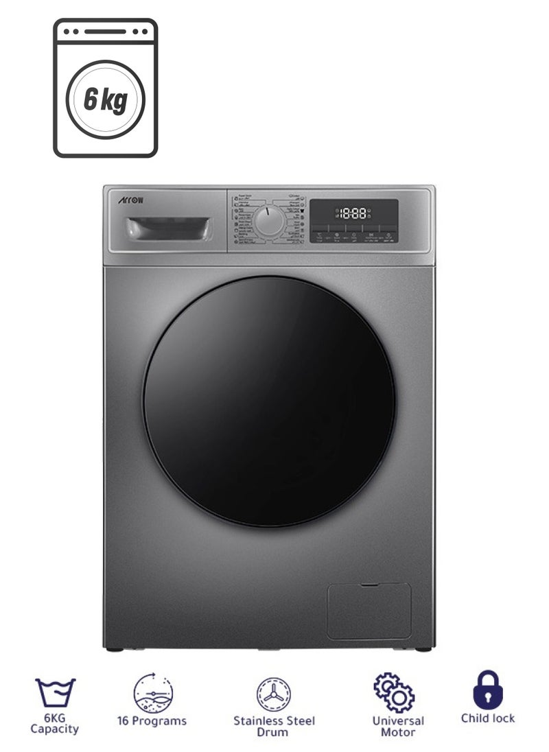 Arrow - 6KG Front loading Automatic Washing Machine, 1000rpm Max. Spin Speed, 16 Programs, Dark Silver Color, Auto Balance System, Child Lock, Fault Check, LED Display, Universal Motor | Model Name: RO-07FWTS-01 - Image 1