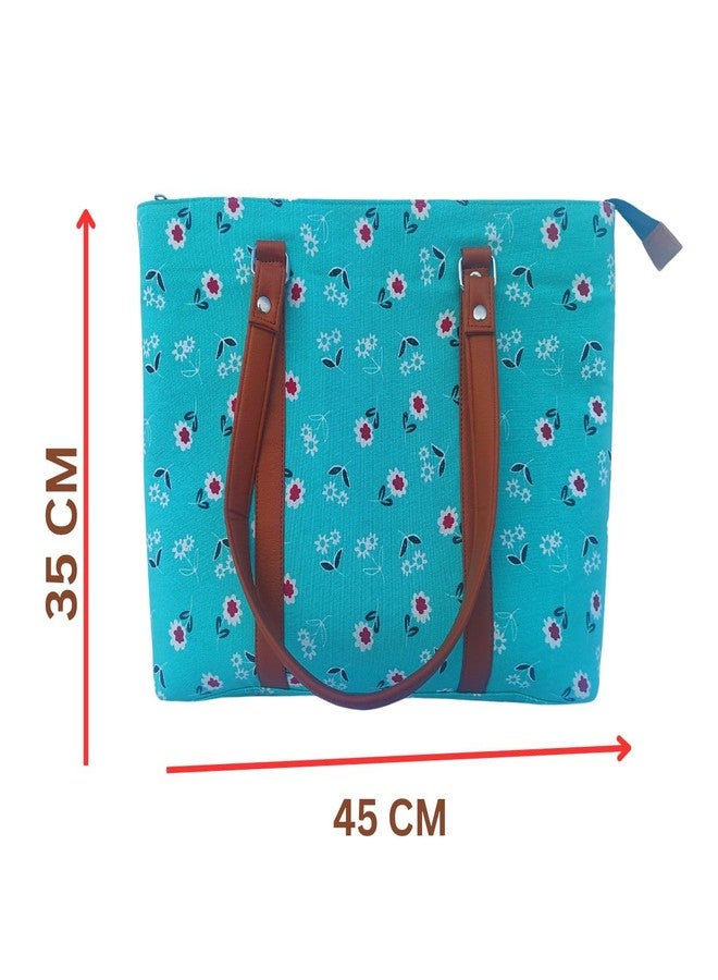 Dorca® Women's Cotton Laptop Bag for 15.6 Inch Laptops - Fits Asus, Dell, Acer, HP, Lenovo - Stylish Office Tote with Handles and Multiple Pockets, Lightweight, PU Leather handles (Aqua) - Image 3