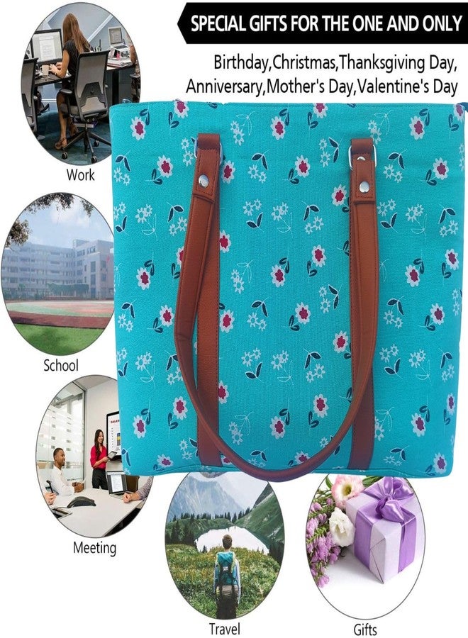 Dorca® Women's Cotton Laptop Bag for 15.6 Inch Laptops - Fits Asus, Dell, Acer, HP, Lenovo - Stylish Office Tote with Handles and Multiple Pockets, Lightweight, PU Leather handles (Aqua) - Image 4
