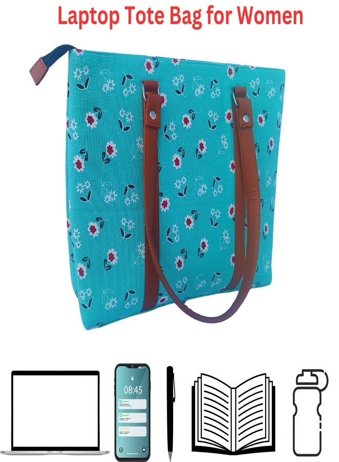 Dorca® Women's Cotton Laptop Bag for 15.6 Inch Laptops - Fits Asus, Dell, Acer, HP, Lenovo - Stylish Office Tote with Handles and Multiple Pockets, Lightweight, PU Leather handles (Aqua) - Image 5