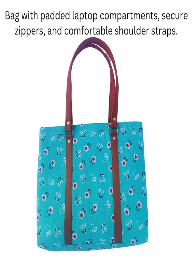 Dorca® Women's Cotton Laptop Bag for 15.6 Inch Laptops - Fits Asus, Dell, Acer, HP, Lenovo - Stylish Office Tote with Handles and Multiple Pockets, Lightweight, PU Leather handles (Aqua) - Image 2