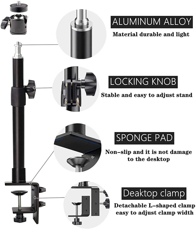 SHOPEE حامل مكتب مثبت، حامل مشبك طاولة 12-20 بوصة، حامل ضوء معدني قابل للتعديل مع طرف برغي قياسي 1/4" لكاميرا DSLR، ضوء حلقي، ضوء فيديو، ضوء لوحي - Image 2