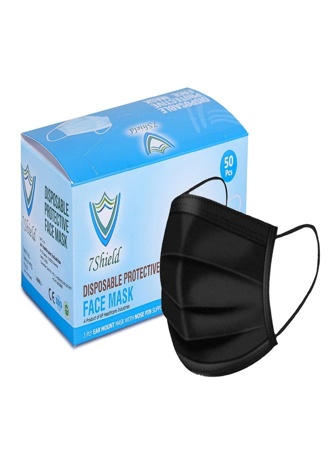 7Shield Disposable Surgical 3Ply Black Face Mask - Ultra Soft Fabric Ear Loop, Comfortable, Keep Safe From Dust Pollution Nose Pin, Ce & Iso Certified, Box Pack Of 50 (Black), For Unisex - Image 1
