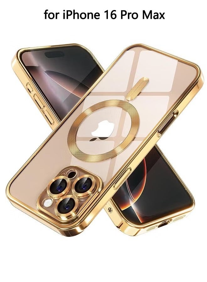 iPhone 16 Pro Max Case With MagSafe, Strong Magnet, 【Shockproof Thin Cover】 Full Camera Lens Protector, Plating Glossy Yellowing Resistant Shockproof Soft Protective Case Cover, Anti Scratch  Fingerprint, Gold Clear - Image 1