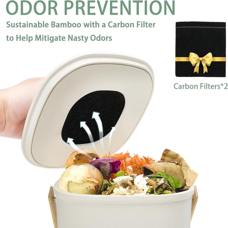 Vipush Bamboo Fiber Compost Bin with Lid Small Countertop Compost Bin Includes Charcoal Filter, Beige - Image 2