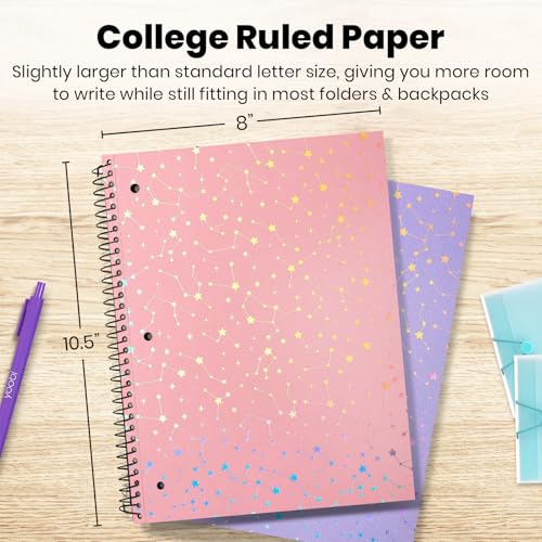 Yoobi College Ruled 8 x 10.5” Spiral Notebook Set – 3-Pack of 1 Subject Notebooks, Pink, Purple & Black Celestial Patterns – 150 Perforated 3-Hole Punched Sheets - Image 3