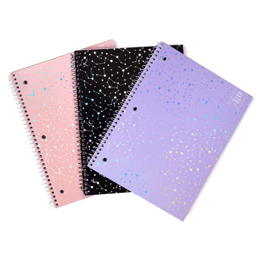Yoobi College Ruled 8 x 10.5” Spiral Notebook Set – 3-Pack of 1 Subject Notebooks, Pink, Purple & Black Celestial Patterns – 150 Perforated 3-Hole Punched Sheets - Image 1