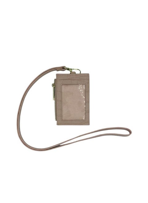 High-quality leather LIGHT-BEIGE Card Holder, 2 Sided One side for an ID Card and one side can fit up to 3 Business Cards, Slim and Compact Crocodile Skin Pattern Card Holder With Zipper Pocket Design