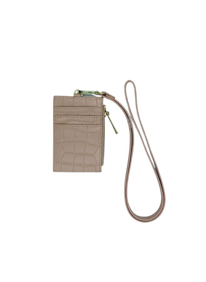 Generic - High-quality leather LIGHT-BEIGE Card Holder, 2 Sided One side for an ID Card and one side can fit up to 3 Business Cards, Slim and Compact Crocodile Skin Pattern Card Holder With Zipper Pocket Design - Image 1