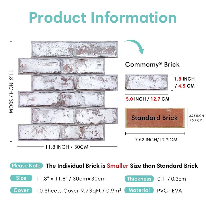 Commomy 10 Pcs 3D Faux Brick Wall Panels -11.8"X11.8" Small Size PVC Brick Peel and Stick Tiles Backsplash DIY Brick Wallpaper Wall Tile for Bedroom, Living Room, Kitchen, Fireplace, RV - Image 5