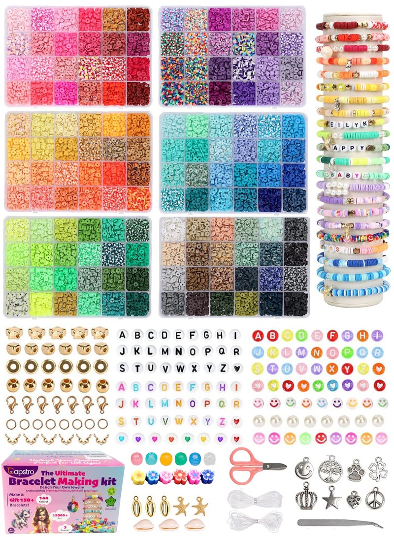 Capstro 15000PCS 144 Colors Clay Beads Bracelet Kit – Includes Letter Beads, Charms, Glow Beads & Flower Beads – Ultimate Friendship & Jewelry Craft Kit for Girls & Boys - Image 1
