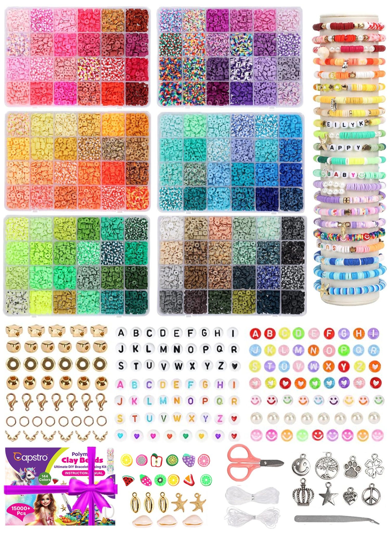 Capstro 15000 Pcs 144 Colors Clay Beads Kit for Bracelet Making – Includes Letter Beads, Charms, and Accessories – Ideal Friendship Bracelet and Jewelry Craft Kit for Girls, Boys 