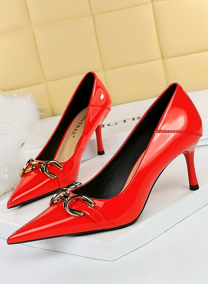 BIGTREE Women's Elegant Stiletto Pumps With Metal Belt Buckle 7 CM Fashion Gorgeous Closed Pointed Toe Slip On Solid High Heels Red
