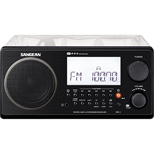 جهاز استقبال محمول Sangean WR-2CL FM-Stereo RBDS/AM بتقنية التوليف الرقمي، هيكل شفاف من البولي يوريثان، 10 محطات ذاكرة مسبقة (5 FM/5 AM)، شاشة LCD سهلة القراءة، توليف مركب PLL