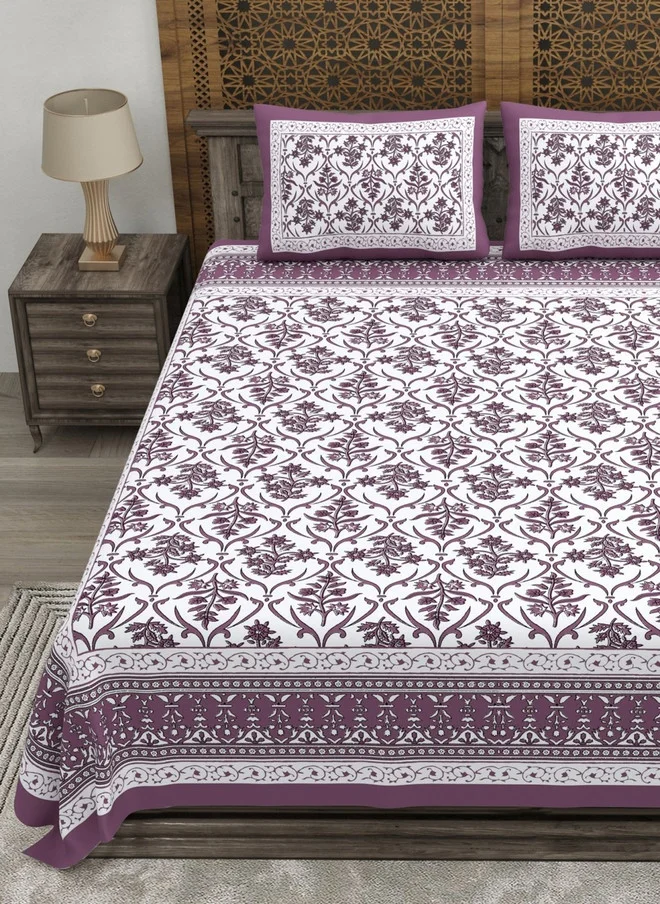 CLOTHOLOGY CLOTHOLOGY White & Purple Floral 180 TC King Bedsheet with 2 Pillow Covers