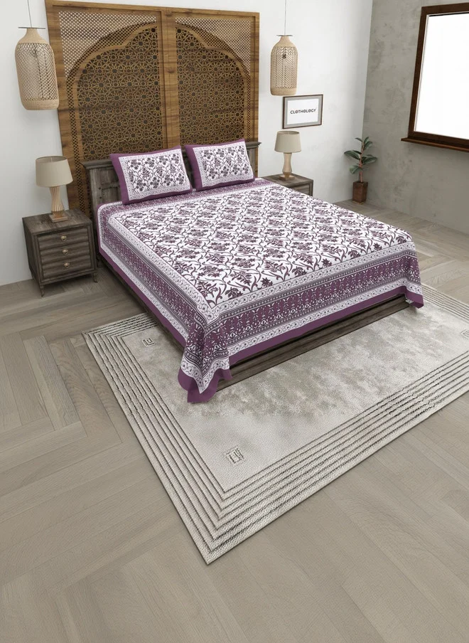 CLOTHOLOGY CLOTHOLOGY White & Purple Floral 180 TC King Bedsheet with 2 Pillow Covers