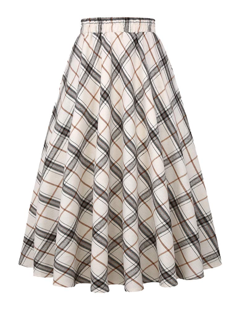 IDEALSANXUN Women’s Plaid Skirt Elastic Waist A-line Midi Pleated Skirts (X-Large, Beige D39) - Image 1