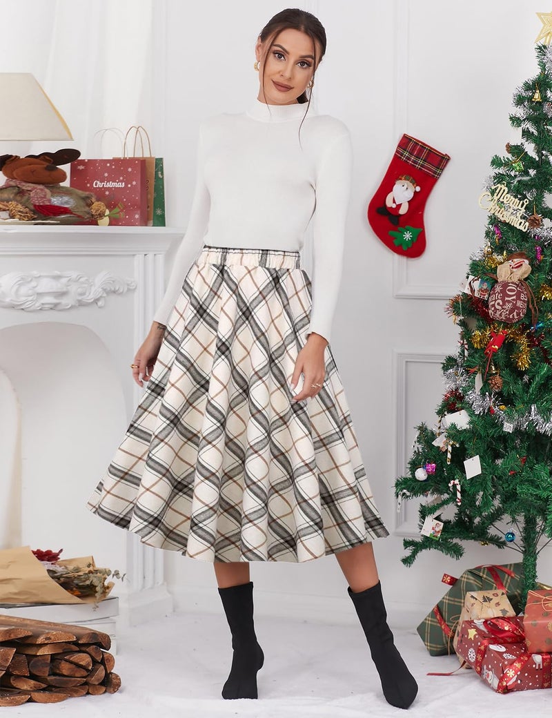 IDEALSANXUN Women’s Plaid Skirt Elastic Waist A-line Midi Pleated Skirts (X-Large, Beige D39) - Image 2
