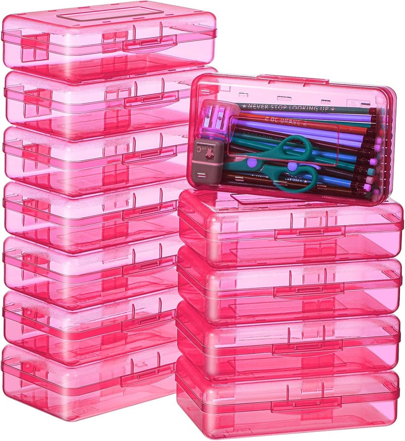 Leelosp 12 Pack Plastic Box Clear Case with Lid Snap Closure Hard Large Capacity Box Storage Organizer Holder for Kid Adult(Pink) - Image 1