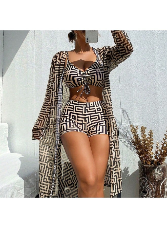 European And American Explosions Women's Split Swimsuit Blouse Three-piece Set Push-up Pleated Swimsuit High Waist Swimsuit-Color:Primary Color-Size:XL - Image 5