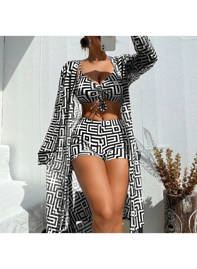 European And American Explosions Women's Split Swimsuit Blouse Three-piece Set Push-up Pleated Swimsuit High Waist Swimsuit-Color:Primary Color-Size:XL - Image 3