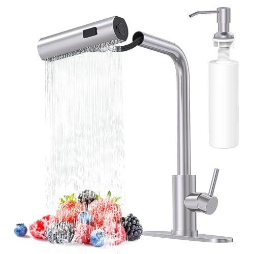 AVSIILE Brushed Nickel Kitchen Faucets with Pull Down Sprayer & Soap Dispenser, Single Hole & Handle, Pull Out Tap, Waterfall Stainless Steel Sink Faucet for Farmhouse Camper Laundry Rv Bar - Image 1