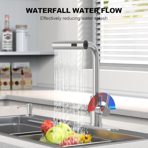 AVSIILE Brushed Nickel Kitchen Faucets with Pull Down Sprayer & Soap Dispenser, Single Hole & Handle, Pull Out Tap, Waterfall Stainless Steel Sink Faucet for Farmhouse Camper Laundry Rv Bar - Image 3