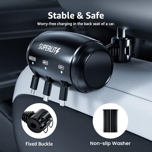 Superlit 3-in-1 Retractable Backseat Car Charger – Headrest Mount Charging Station for Uber, Lyft and Rideshare Drivers, Fast Multi USB Charging Device for Passengers Compatible with All Phones - Image 5